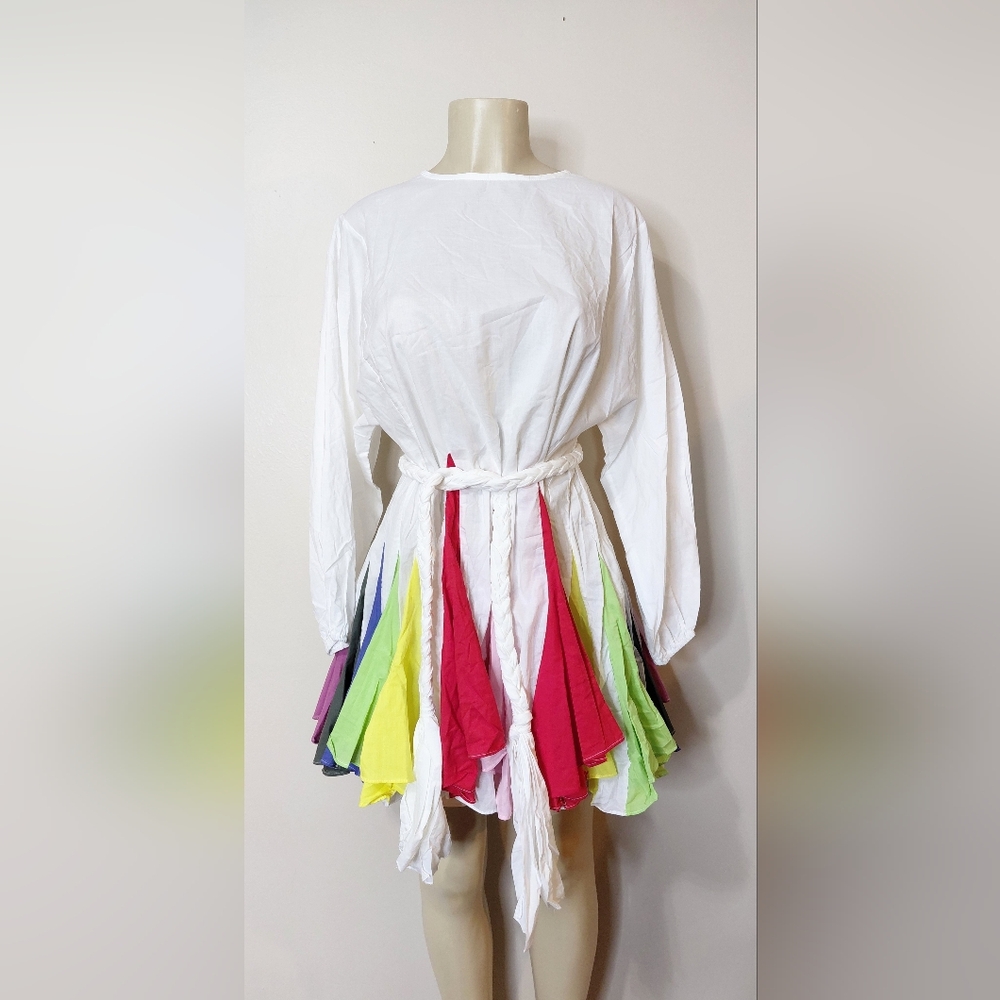 White Long Sleeve Dress with Colorful Fringe Panels M
